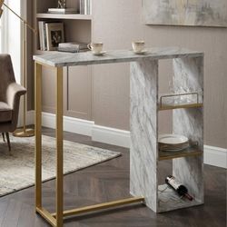 Gold And Faux White Marble Bar Table With Wine Rack