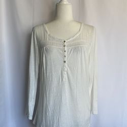 H&M x L.O.G.G. Boho Blouse Womens Size L White 3/4 Sleeve Half Semi Sheer Cotton