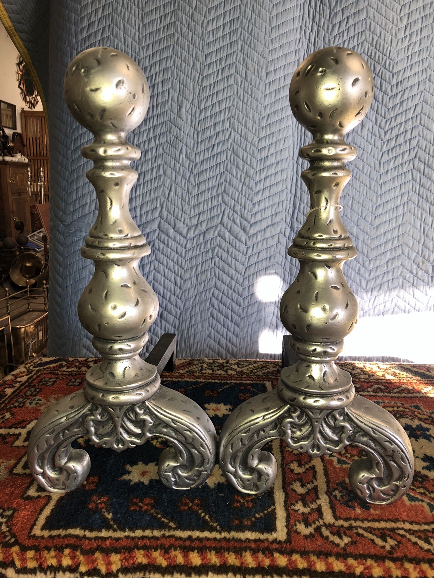 Antique Style Pewter Powder Coat Finish Andirons