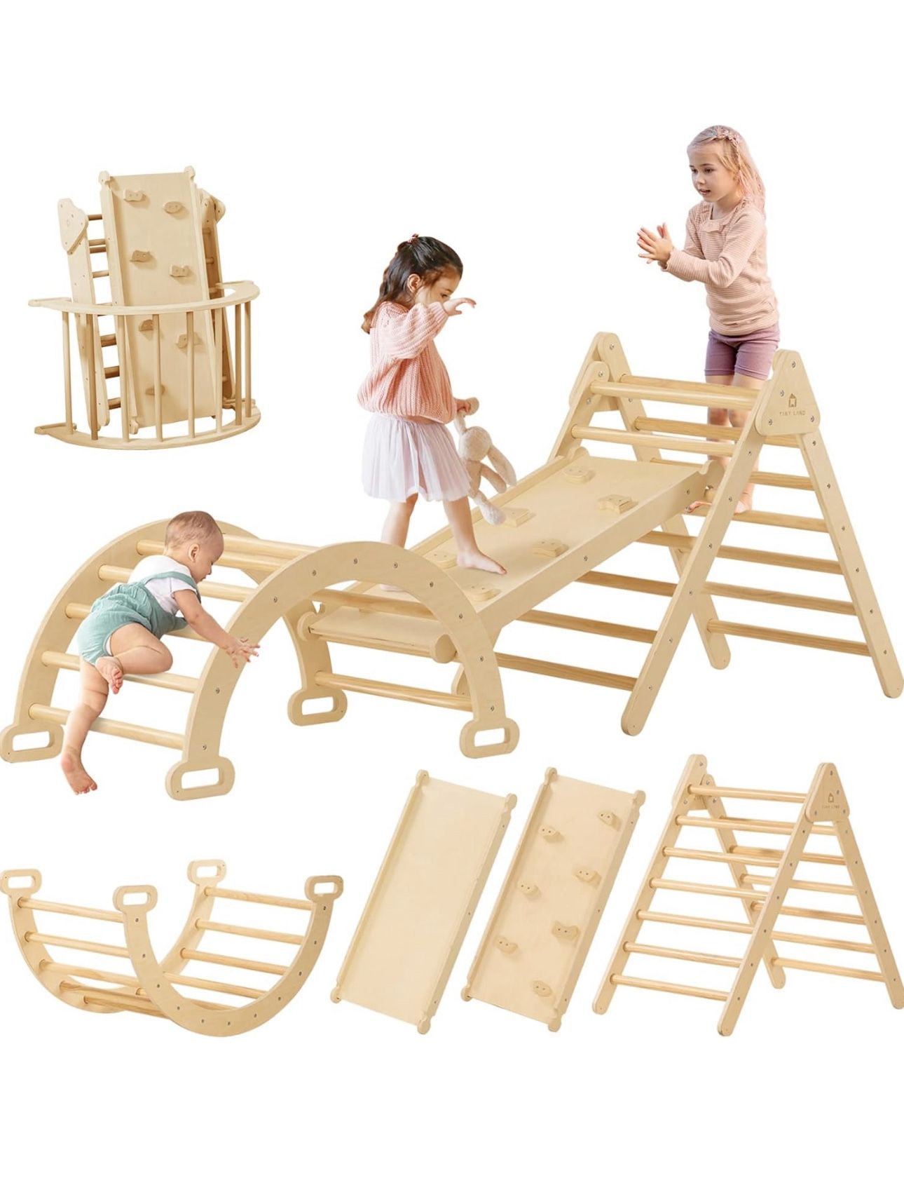 Tiny Land Pikler Triangle Set, 7-in-1 Foldable Pikler Triangle Climbing Toys Set
