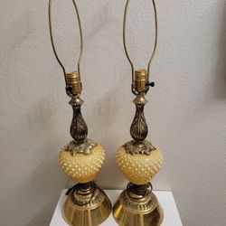 Vintage Ceramic Brass Hobnail Table Lamps Set MCM 