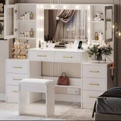 58.3" Vanity Desk with Mirror & Lights, Makeup Vanity with 10 LED Lights, 8 Metal Sliding Drawers & 2 Cabinets, White Vanity Set