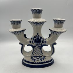 Vintage Russian Gzhel Candelabra 3 Candle Holder Blue & White Porcelain