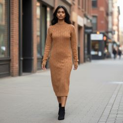 Women's Camel Brown Long Sleeve Cable Knit Midi Sweater Dress Size XL