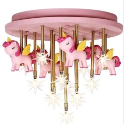 Extracozy Flying Unicorn LED Chandelier Pink With Stars And Unicorns New