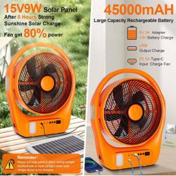 45000mah Solar Battery Operated Camping Fan with 3 Way Light 11-inch High Velocity Rechargeable, Cordless Floor Fan
