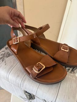 Brown Leather Flat Sandals with Gold Buckles
