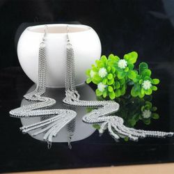 Extra Long Silver Fringe Tassel Chain Statement Dangle Drop Earrings