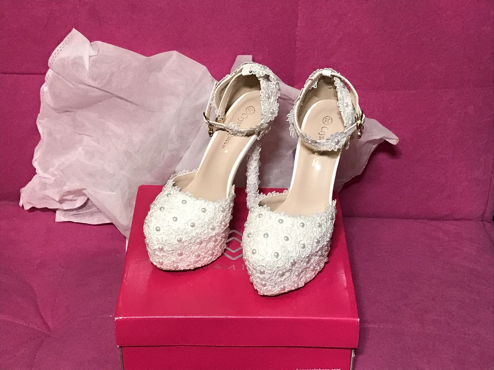 Wedding Pumps Sweet White Flower Lace Pearl Platform Pump Shoes Bride Dress
