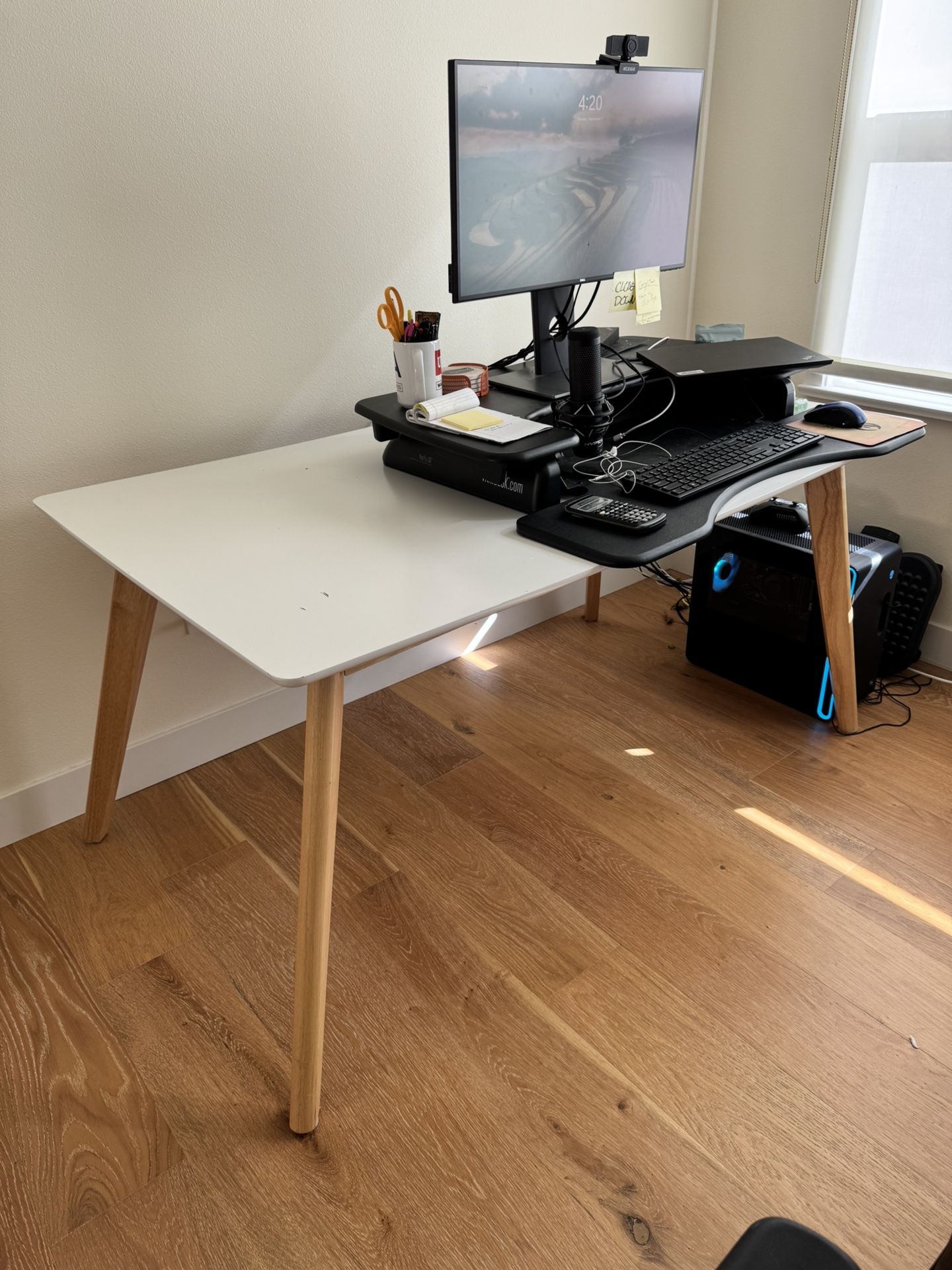 Mid Century Modern White & Oak Wood Desk/Table – Solid Build, Clean Lines – Minor Wear - 59.00" W X 35.50" D X 29.00" H