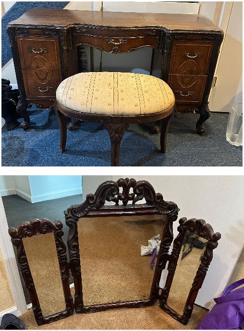Vintage Louis XV style vanity with a matching stool and mirror