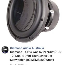 DIAMOND AUDIO TX124 12" SUBWOOFER 