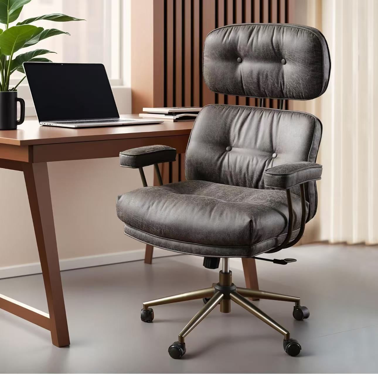 Ergonomic Home Office Chair, Mid-Century Modern Faux Leather Chairs with Thickened Cushions, Comfy High Back Swivel Rolling Executive Computer Armchai