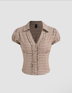 CIDER COTTON V-NECK  CHECK BUTTON SHORT SLEEVE GINGHAM BLOUSE