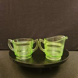 Vintage Uranium Green Glass Creamer and Sugar Bowl Set