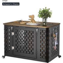 Dog Crate with Cushion, 38" Wood Heavy Duty Dog Crate Furniture with Flip Top & Wheels for High Anxiety Dog, Escape Proof Pet Cage for Small/Medium Do