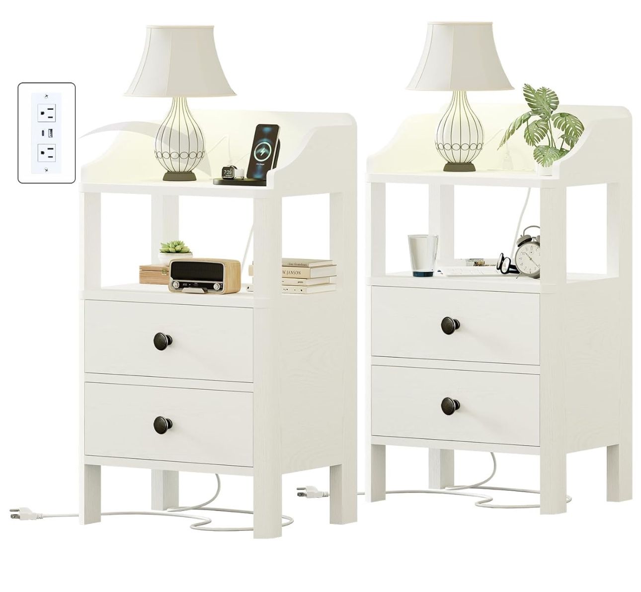 Nightstand 15.75-inch Compact Night Stand White with USB and Type-c Ports 2 Drawers and Open Shelves Small Bedside Tables
