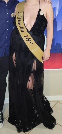 Stunning Black Velvet Burnout & Tulle Long Formal Prom / Evening Dress