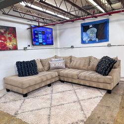 Free Delivery)Small beige 2 piece Tan Sectional Couch