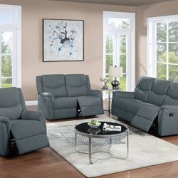 Brand New Grey 3pc Reclining Sofa Set 