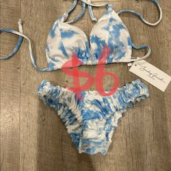 Women's Two Piece Halter Padded Triangle Top and Ruffle Bikini Bottom Blue And White
