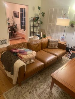Leather Brown Couch and Blue Chaise