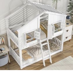 House-Shaped White Wooden Bunk Bed with Built-In Ladder & Windows, Twin Size