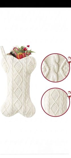 Knit White Christmas Stocking for Dogs, Bone Shape Dog Stocking Christmas