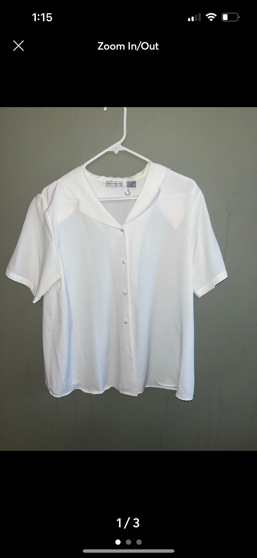 Vintage Impressions of White Silk Shirt Sz M covered buttons puffy sleeves