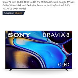 Brand new in box Sony 77 Inch OLED 4K Ultra HD TV BRAVIA 8 Smart Google TV with Dolby Vision HDR and Exclusive Features for PlayStation® 5 (K-77XR80),