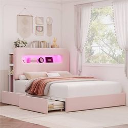 Queen Size LED Bed Frame with Storage Headboard and Charging Station, Girls Bed 