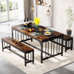 Dining Table Set, 3-Piece Kitchen Table with 2 Benches for 4-6 People
