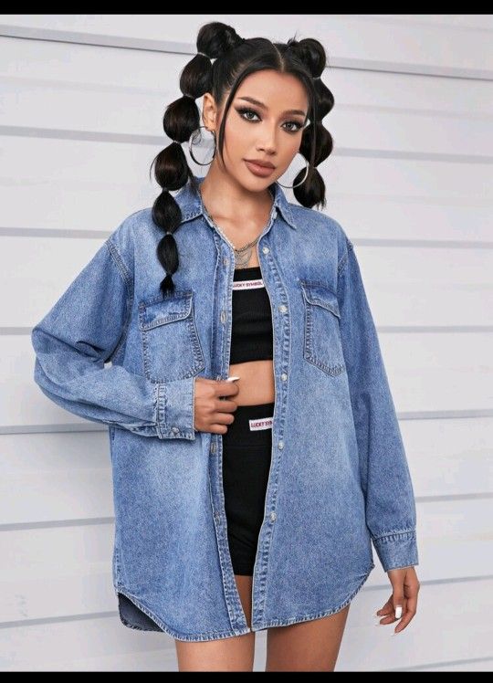 Long Denim Button-up Jacket
