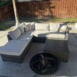 NFM Outdoor Wicker Sectional Patio Set + Fire Pit