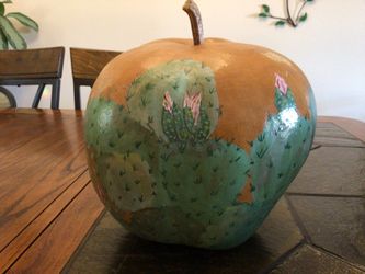 Prickly Pear Cactus In Bloom Hand Painted Dried Gourd 8”