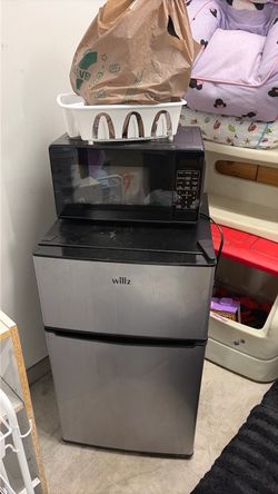 Mini fridge, microwave, shelf