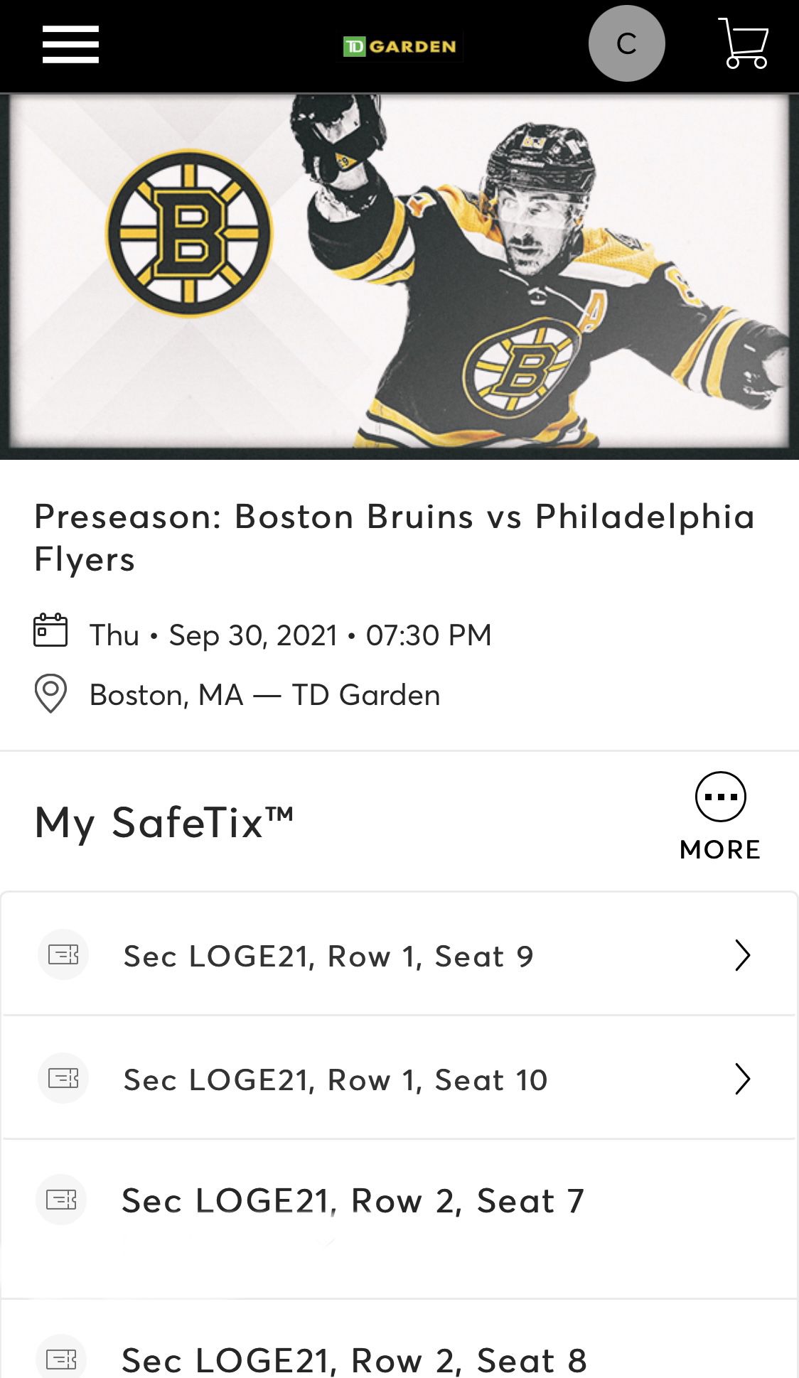 Front Row NHL Bruins Tickets 
