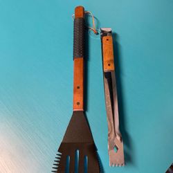 Barbecues Galore Wood & Metal Grilling Utensil & SS Tongs - New