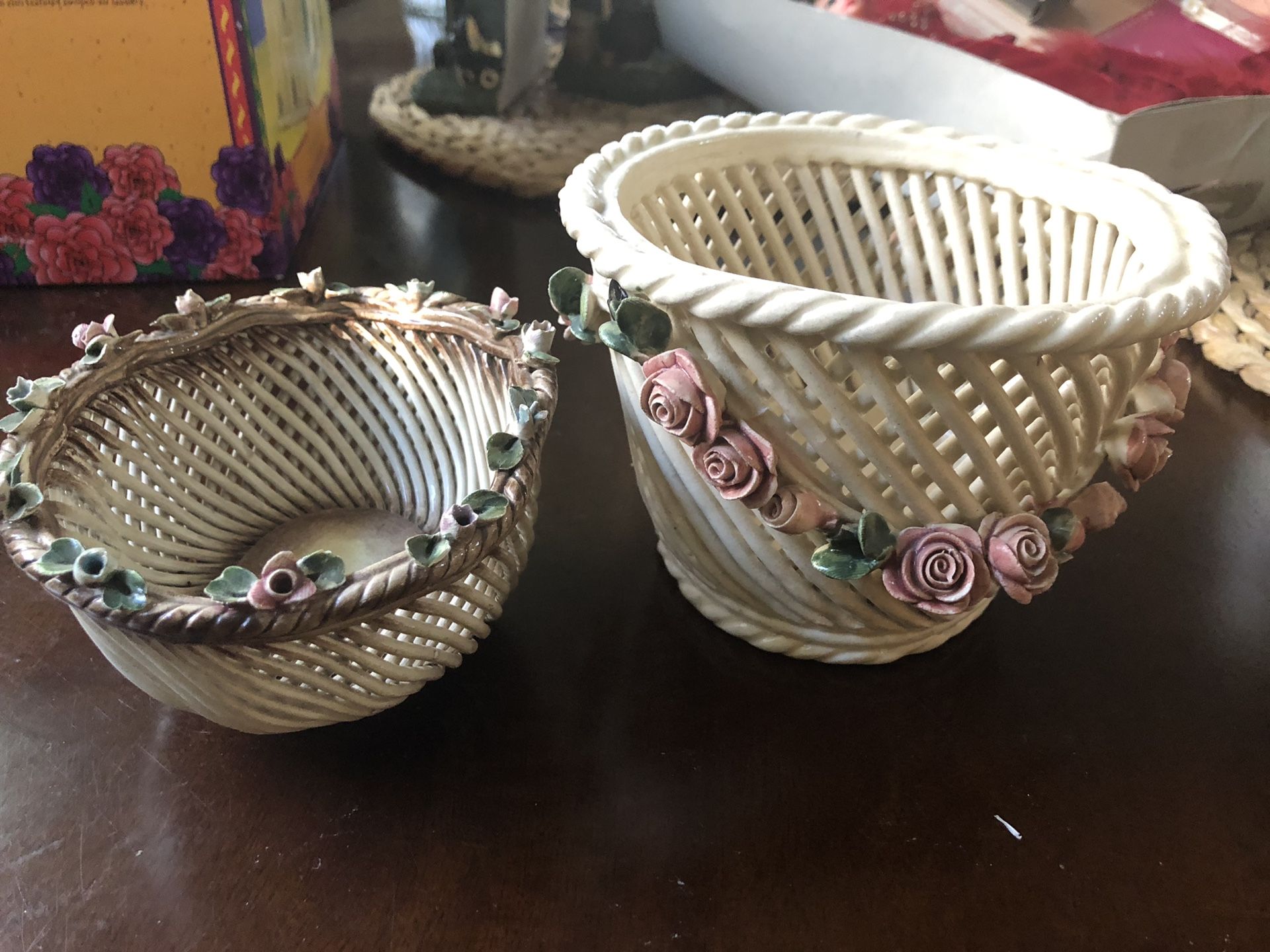 2 Capodimonte Italian Porcelain Woven basket Bowls