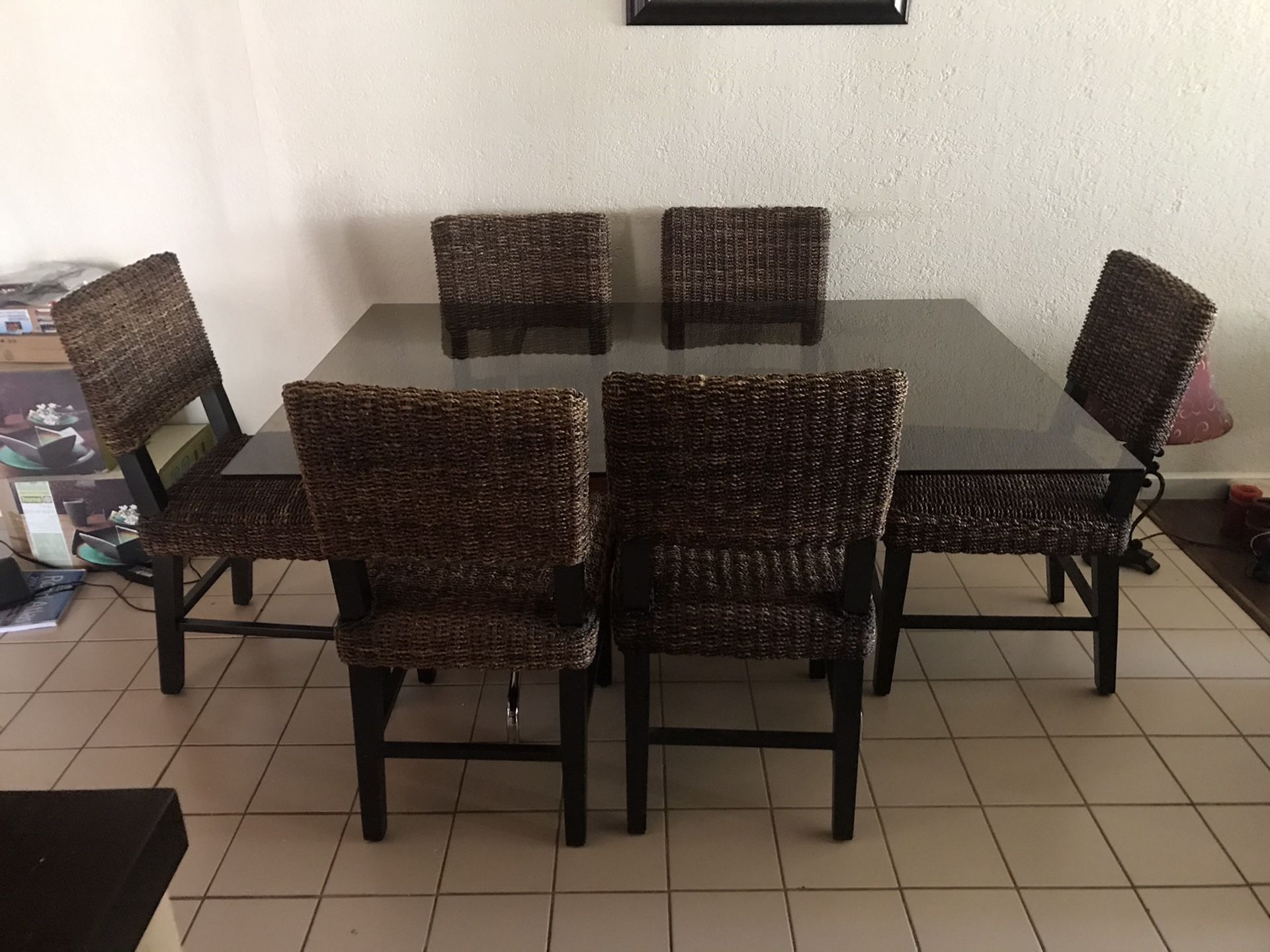 Glass and wood kitchen table with 6 chairs and matching bar stool !