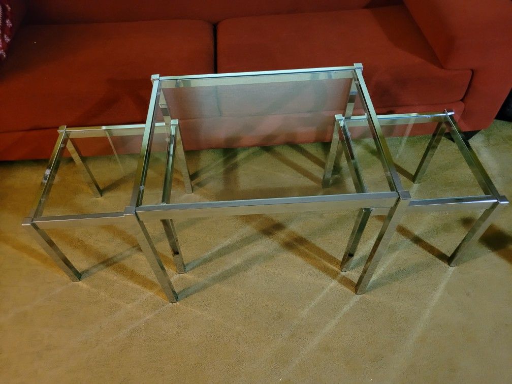 MCM Modern Chrome Steel And Glass Coffee Table With Two End Tables, 1970s