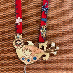 Vintage Modernist Mixed Handcrafted Metals Bird Pendant Necklace