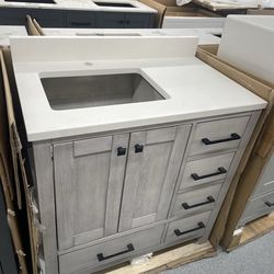 Bathroom vanity cabinet 36” solid mango Quartz top with sink and backsplash