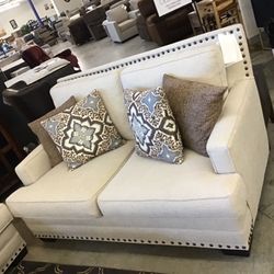 Transitional Cream High End Nailhead Loveseat