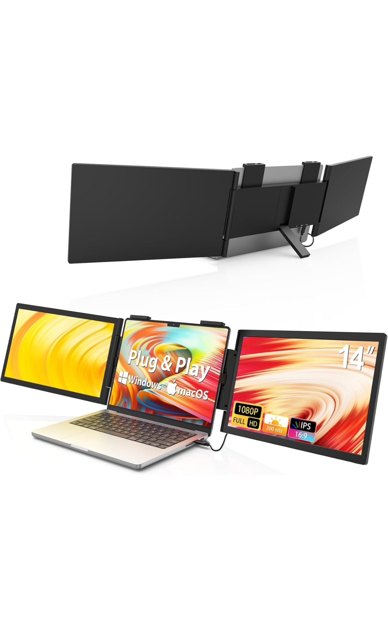 Triple Laptop Screen Extender, 14'' Dual Portable Extended Monitor (Windows & macOS), Plug & Play, 1080P USB-C Travel Monitor