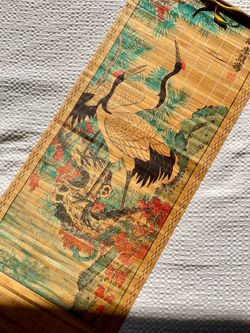 Vintage Chinese “Longevity” Themed Bamboo Wall Scroll with Red-Crowned Cranes