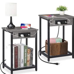 Nightstands 2 with Charging Station, 2 Tier Bedside Table with USB Ports and Outlets, Narrow End Table with Storage Shelf, Side Tables for Room,livin