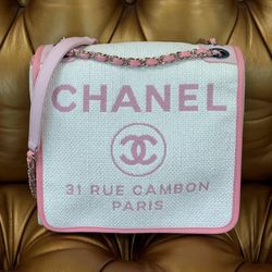 Like New - Chanel Deauville Raffia Small Pink White Shoulder Messenger Bag Italy Stickers