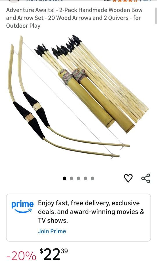 2-Pack Handmade Wooden Bow and Arrow Set - 20 Wood Arrows and 2 Quivers - for Outdoor Play