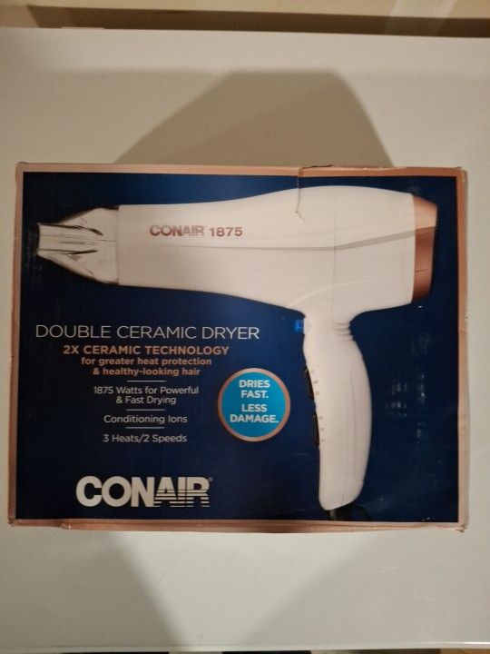 Conair Double Ceramic Hair Dryer 1875 Watts, White, w/ concentrator attachment